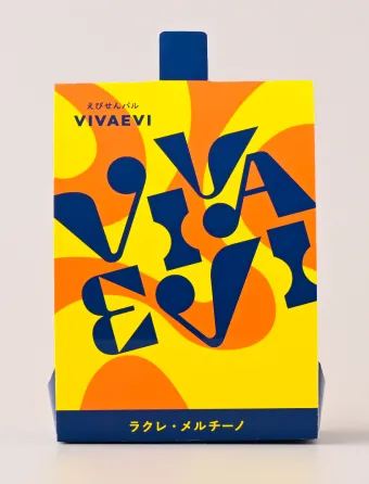 VivaEvi(ヴィヴァエビ)のパッケージ画像。ラクレ・メルチーノは、白ワインとの相性が良いえびが主原料のおせんべい。