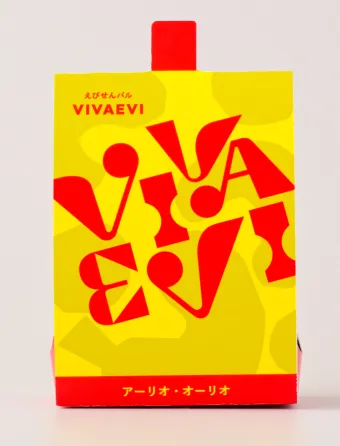 VivaEvi(ヴィヴァエビ)のパッケージ画像。アーリオ・オーリオは、ビールとの相性が良いえびが主原料のおせんべい。